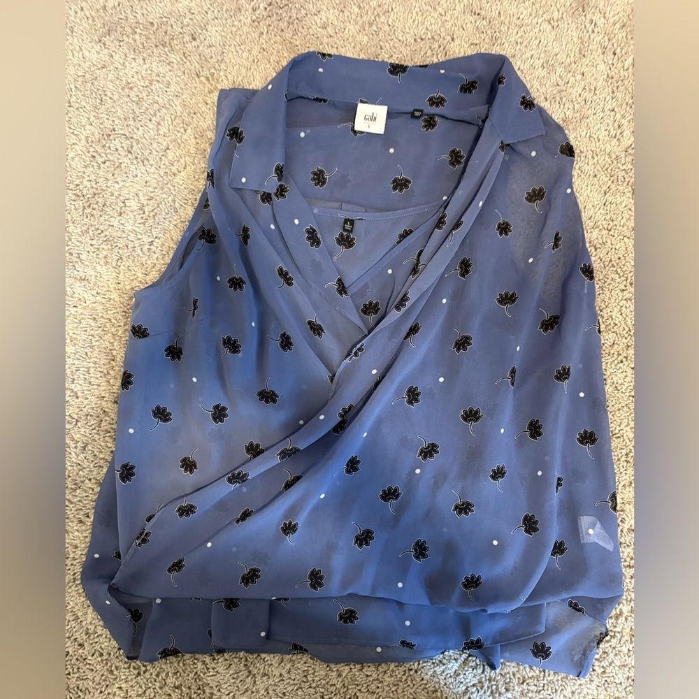 CAbi Blue Floral Sleeveless Wrap Blouse